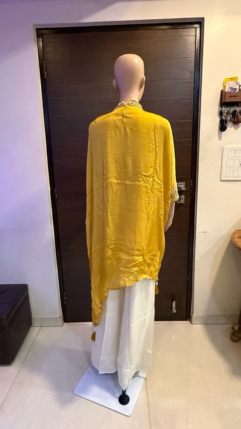 Puja Mustard Yellow Embroidered Kurti with White Palazzo Set