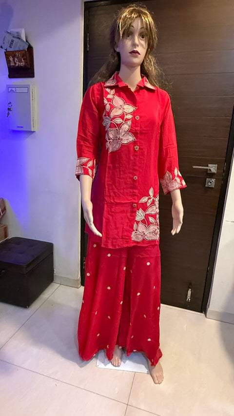 Puja Red Floral Embroidered Kurti with Sharara Set