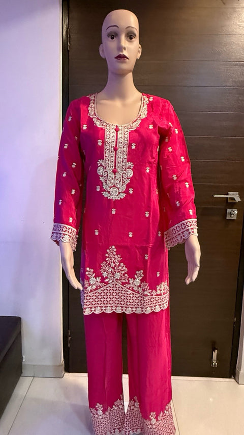 Puja Hot Pink Heavy Embroidered Kurti with Pants Set
