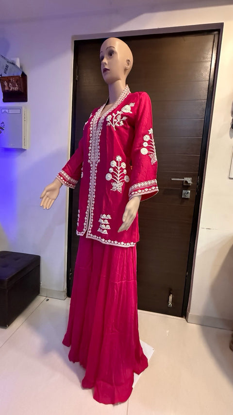 Puja Hot Pink Embroidered Kurti with Sharara Set