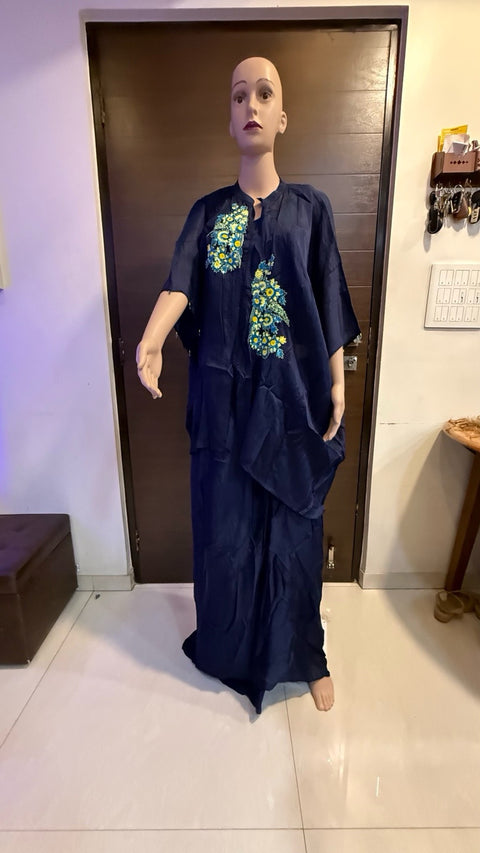 Puja Navy Blue Embroidered Kaftan Coord Set