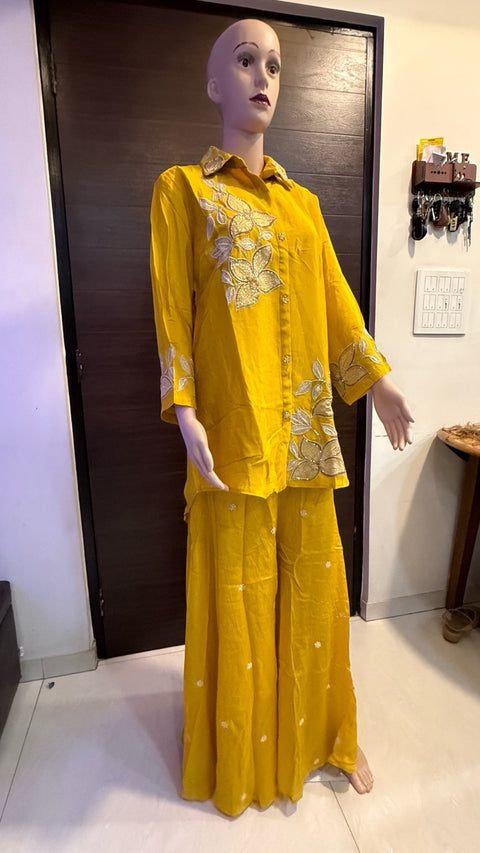 Puja Mustard Yellow Embroidered Shirt & Sharara Set