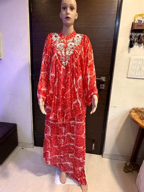 Puja Red & White Tie-Dye Kaftan Coord Set with Embroidered Neckline