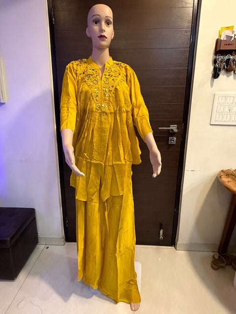 Puja Mustard Yellow Embroidered Kaftan Coord Set