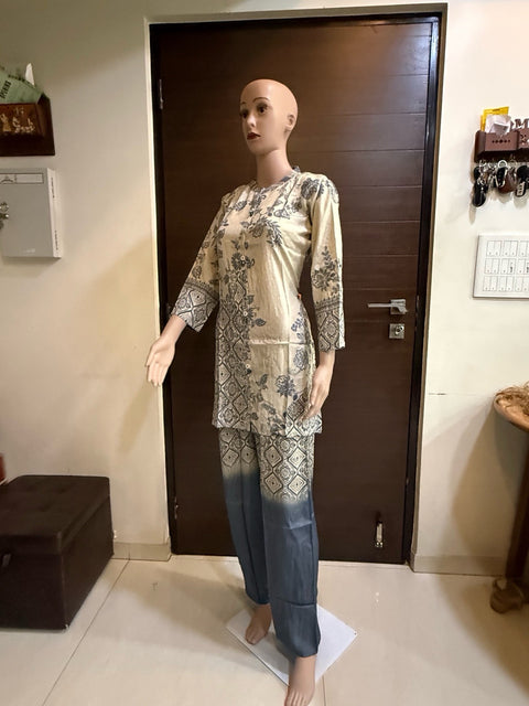 Puja Beige & Grey Printed Kurta Palazzo Set