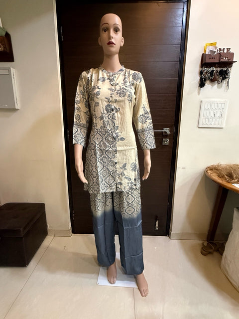 Puja Beige & Grey Printed Kurta Palazzo Set