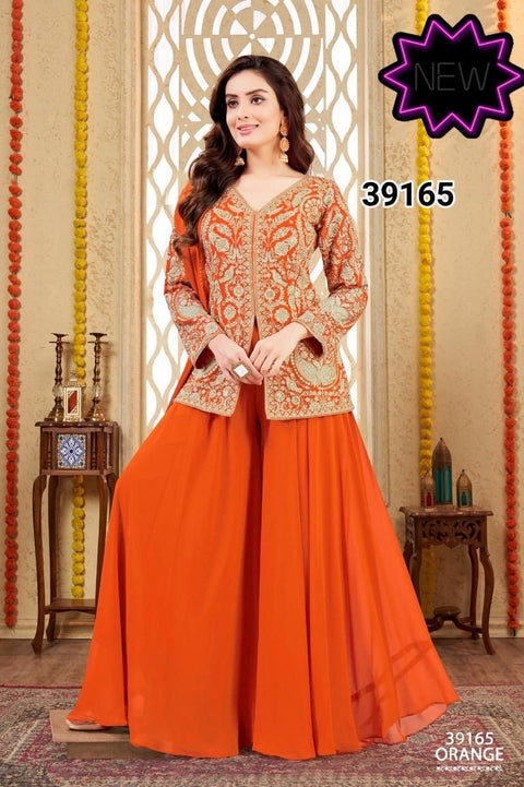 Toral Designer Embroidered Jacket Style Sharara Set Orange