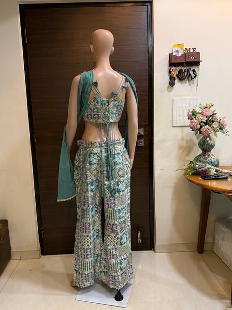 Toral Teal Green Printed Crop Top with Wide-Leg Pants & Dupatta