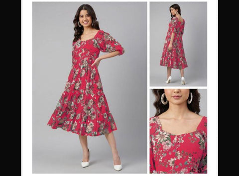 Jenesiya Red Floral Tiered Midi Dress with Puff Sleeves