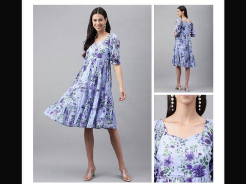 Jenesiya Lavender Floral Tiered Midi Dress with Puff Sleeves