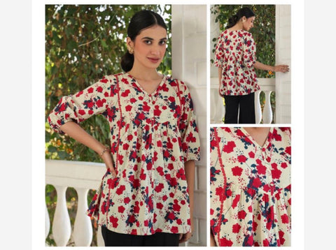 Jenesiya Off-White Abstract Floral V-Neck Top