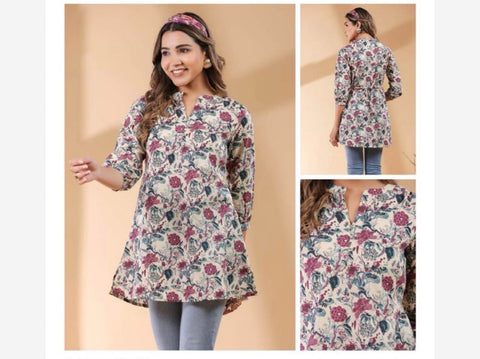 Jenesiya Beige Floral Longline Tunic with Band Collar