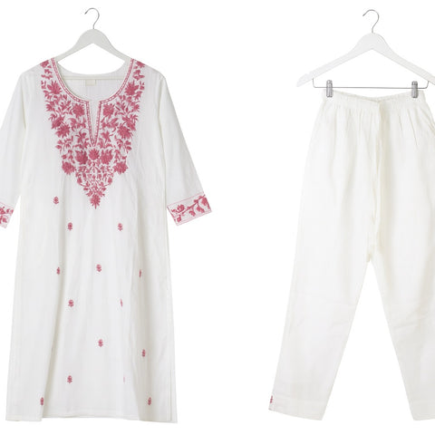 Aesha White Cotton Kurta Set with Hand Embroidery