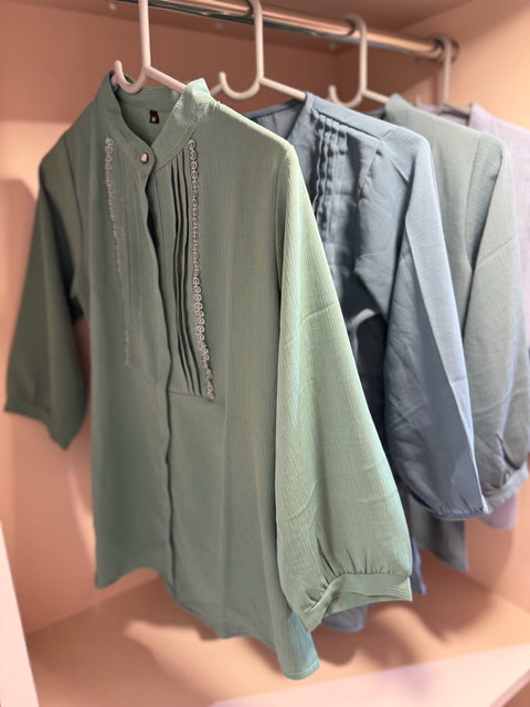 Mish Solid Mandarin Collar Kurta with Pintuck & Embroidery Detail
