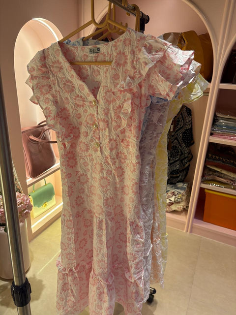 Womens Crinkled Floral Cotton Frock with Ruffle Sleeves