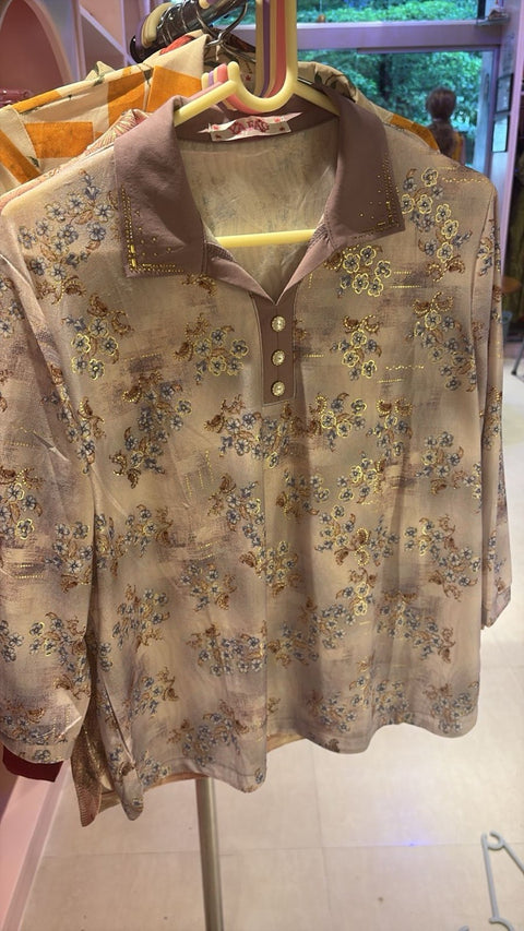 Collared Printed Tops Button Down / Half Placket