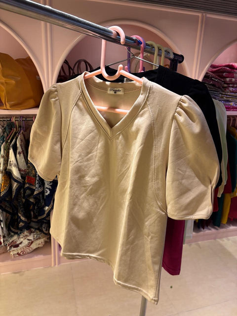 V Neck Puff Sleeve Cotton T-Shirt
