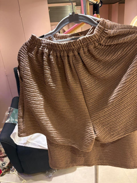 Crinkle Textured Coord Set Coffee Brown