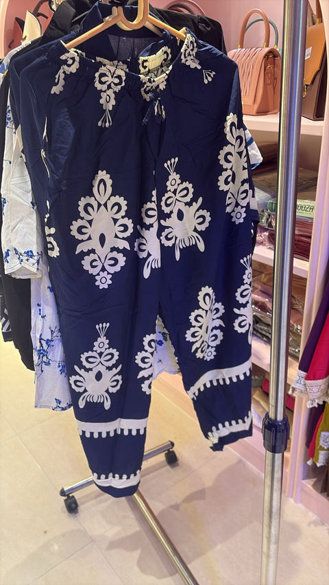 Navy Blue & White Printed Coord Set