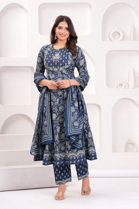 Blue Anarkali Kurti with Straight Pants & Dupatta