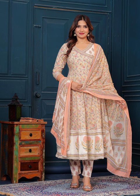 Peach Floral Printed Anarkali Suit Set