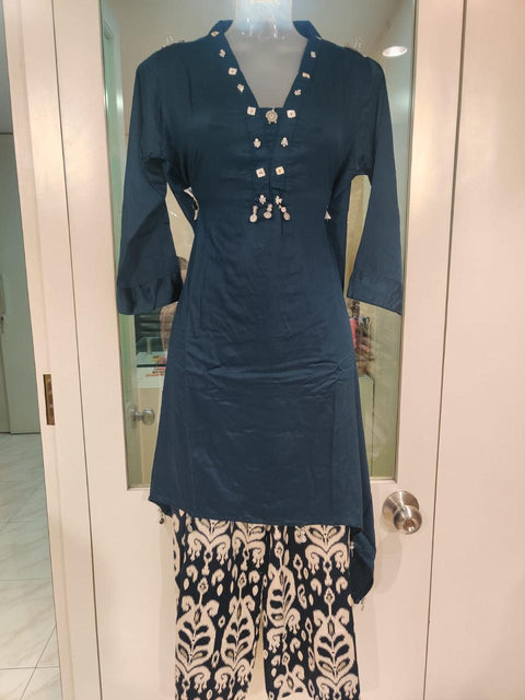 Navy Blue Embellished Kurta with Printed Palazzo