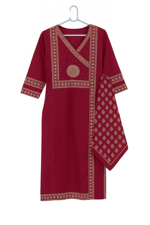 Aesha Maroon Cotton Printed Kurti Set with Dupatta