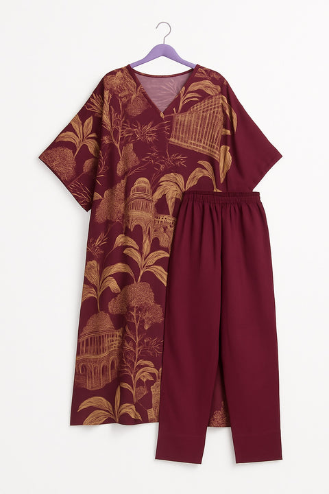 Aesha Maroon Printed Kaftan Style Kurti with Pant Set