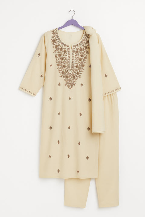 Aesha Cream Embroidered Kurti with Pant & Dupatta Set
