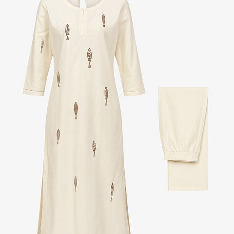 Aesha Off-White Embroidered Kurti with Pant Set