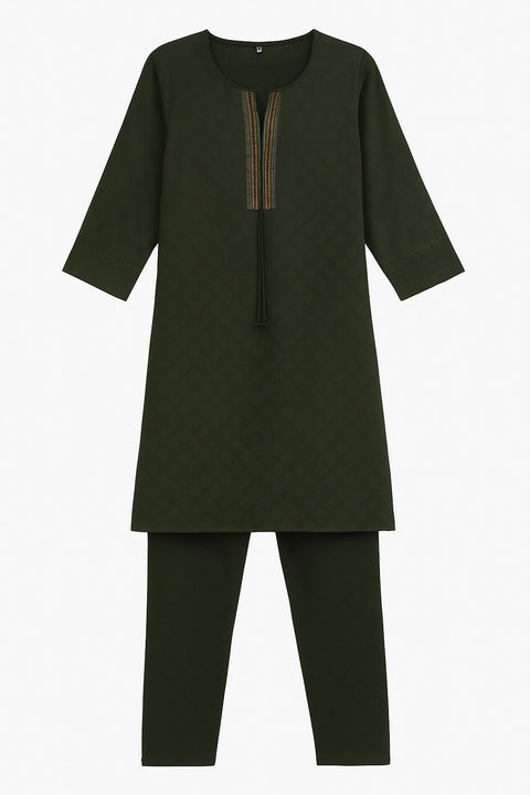 Aesha Dark Green Textured Kurti with Pant Set