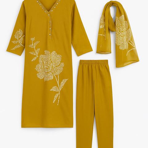 Aesha Mustard Yellow Floral Printed Kurti Set with Dupatta