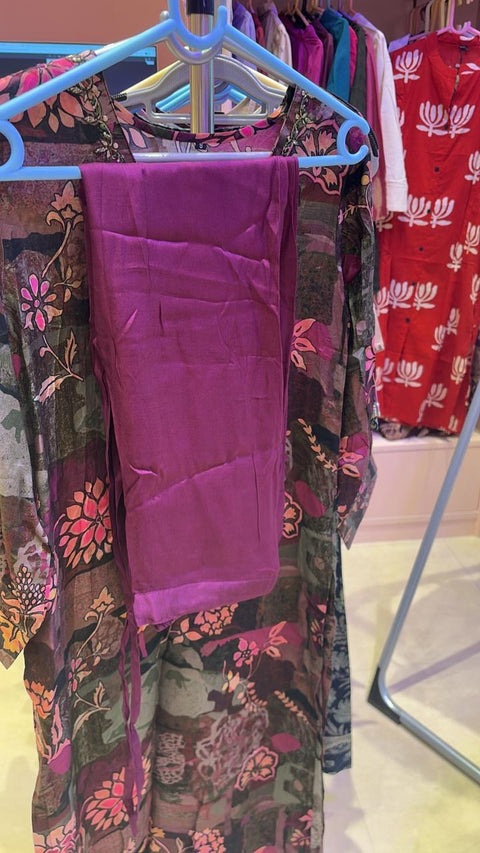 Aesha Floral Printed Kurti with Solid Bottom Wine & Olive Tones