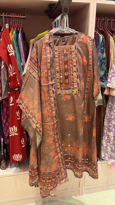 Embroidered Yoke Kurta in Mocha Brown with Matching Dupatta