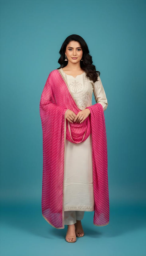 Ivory embroidered straight-cut kurta set with Pink Bandhani Dupatta
