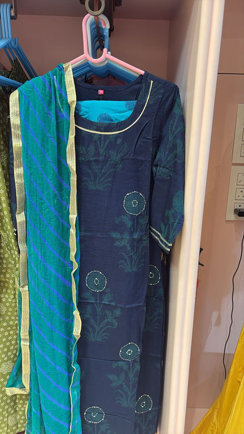 Midnight Teal Botanical Kurta with Striped Pant andcDupatta