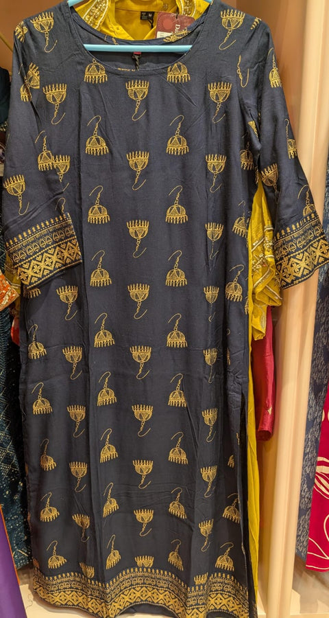 Peacock Teal Jhumka Foil-Print Kurta with Striped Dupatta