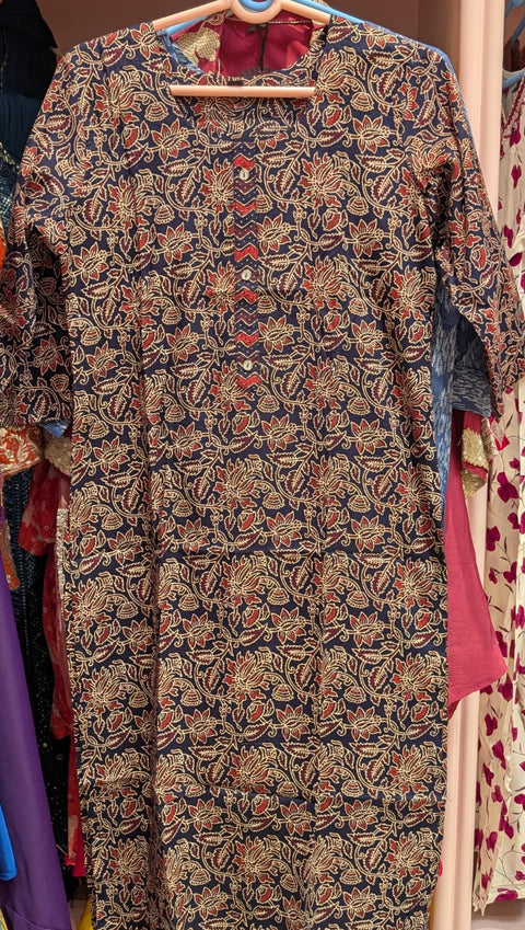 Indigo Floral Jaal Kurta with Contrast Chevron Placket