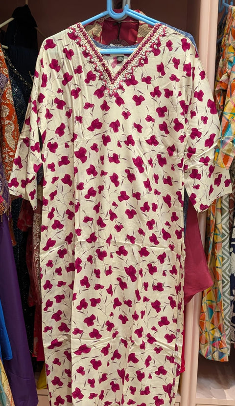 Ivory Magenta Blossom Kurta with Embellished V-Neck