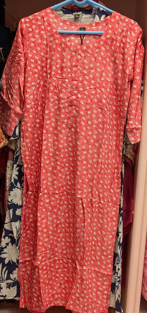 Coral Pink Cotton Printed Straight Kurta