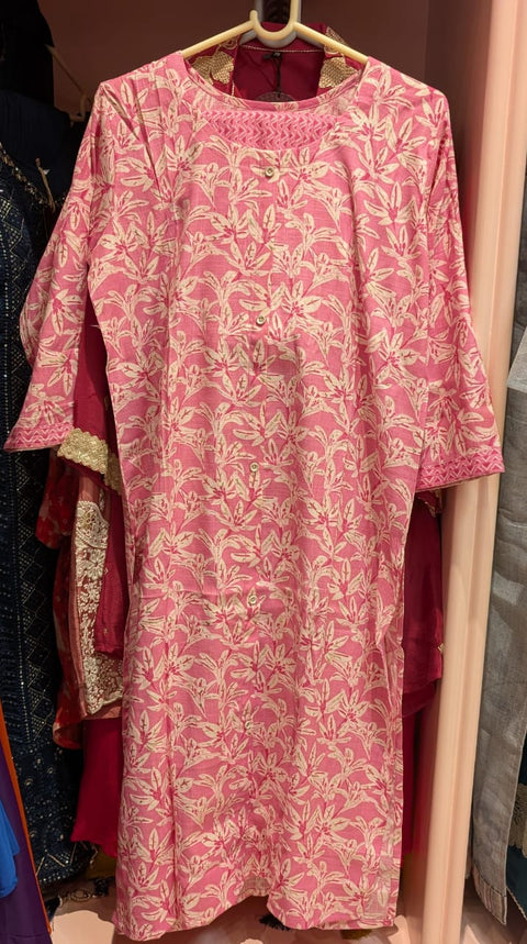 Rose Pink Leaf-Vine Yoke Kurta and pant