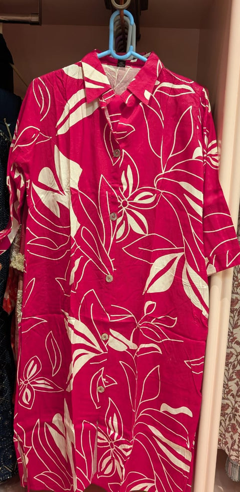 Hot Pink Tropical Button-Front Kurta with Pant