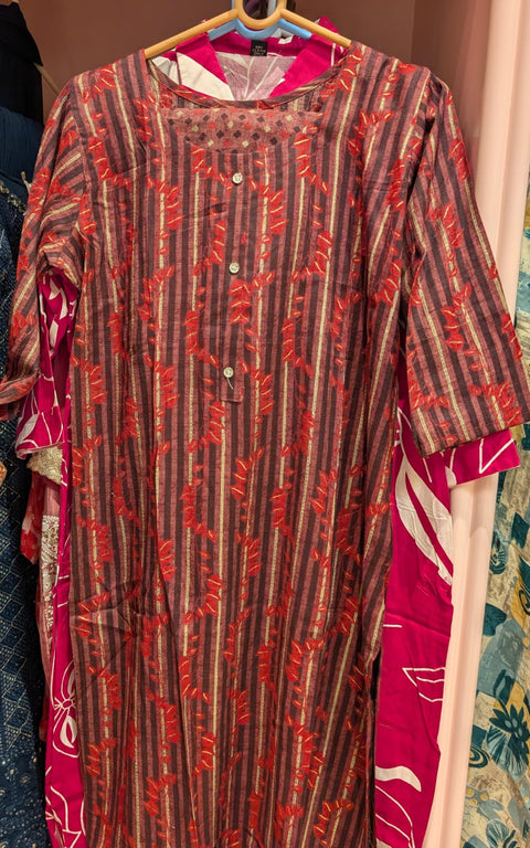 Wine Stripe & Leaf Half-Placket Kurta with pant
