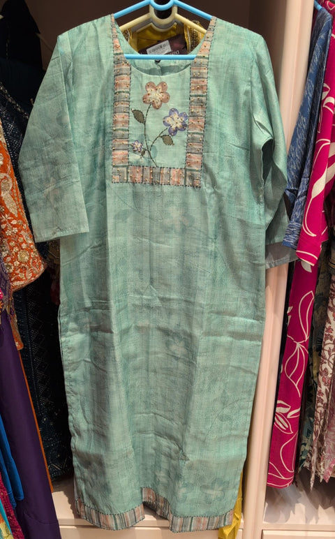 Cotton Slub Kurti and pant with Floral Embroidered Yoke & Pastel Trim
