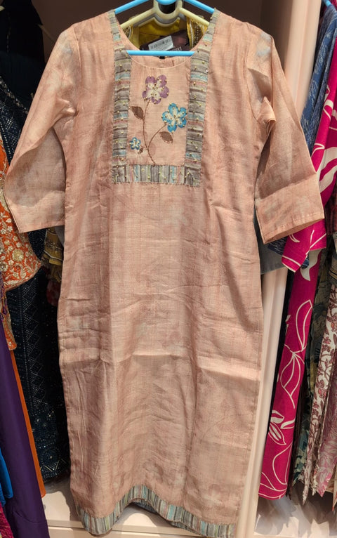Cotton Slub Kurti and pant with Floral Embroidered Yoke & Pastel Trim