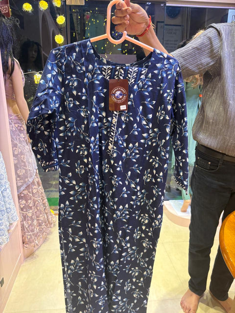 Navy Leaf Print Coord set(Button Placket, 3/4 Sleeves)