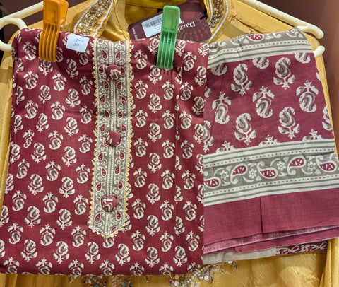 Maroon & Beige Cotton Hand Block Print Dress Material with Border Detailing