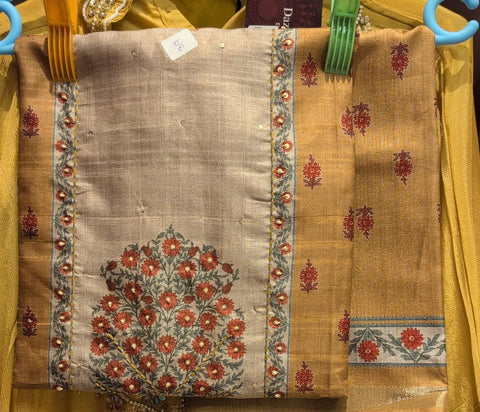 Golden Beige Silk Blend Dress Material with Floral Print & Pearl Embellishment