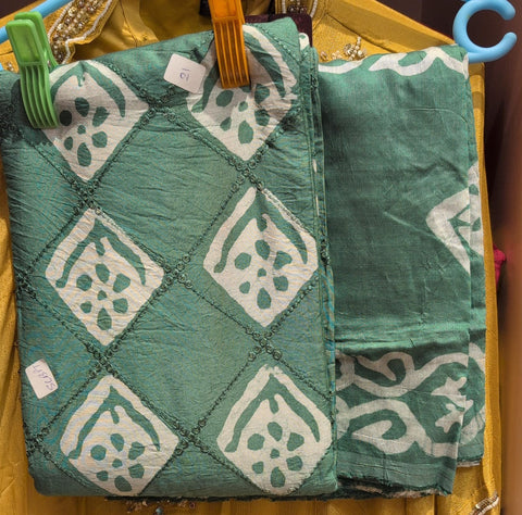 Green Geometric Block Print Cotton Dress Material with Thread Embroidery