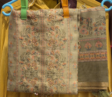 Olive Green Floral Embroidered Linen Dress Material with Woven Dupatta